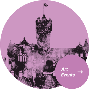 Rutherglen 900 - Circle image of Rutherglen town hall in stencil style with pink overlay + Button for Art events