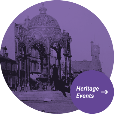 Rutherglen 900 - Circle image of old Rutherglen fountain with purple overlay + Button for Heritage events