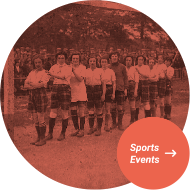 Rutherglen 900 - Circle image of an old Rutherglen women's football team with orange overlay + Button for Sport events